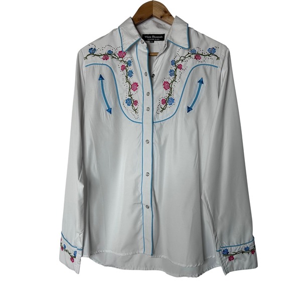 White Diamonds Tops - White Diamonds Shirt Size 2XL Western Embroidered Floral Rodeo‎ Pearl Snap